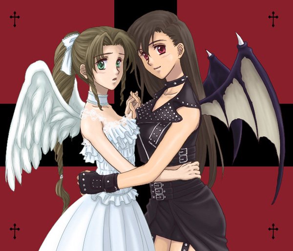 akaza shiro, aerith gainsborough, tifa lockhart, final fantasy, final fantasy vii, 1990s (style), 2girls, angel and devil, angel wings, bat wings, black hair, blush, bow, breasts, brown eyes, brown hair, dress, gloves, leather, long hair, multiple girls, ponytail, red eyes, white dress, wings