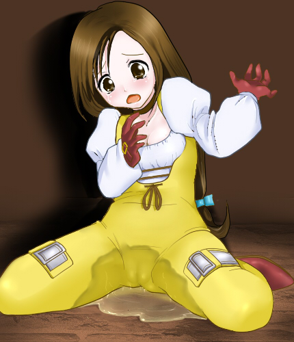 okurapuchi, garnet til alexandros xvii, final fantasy, final fantasy ix, lowres, 00s, 1girl, blush, breasts, brown eyes, brown hair, dress, embarrassed, female focus, flat chest, gloves, humiliation, loli, long hair, pee, peeing, peeing self, small breasts, solo, spread legs, tears