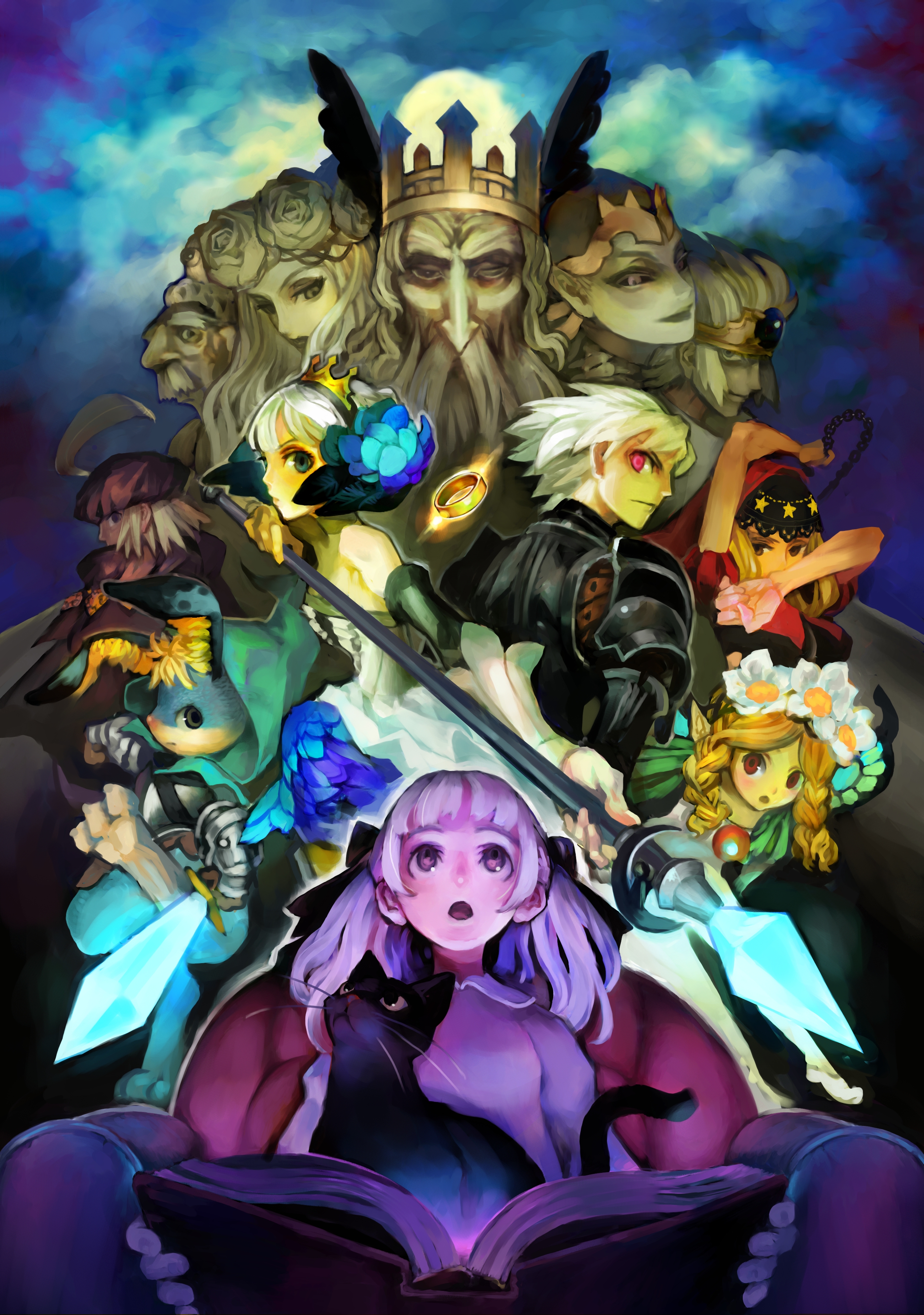 kamitani george, alice (odin sphere), cornelius (odin sphere), gwendolyn (odin sphere), ingway (odin sphere), mercedes (odin sphere), odette (odin sphere), odin, odin (odin sphere), oswald, socrates (odin sphere), velvet (odin sphere), odin sphere, absurdres, highres, official art, 6+boys, 6+girls, armor, armored dress, black cat, blue eyes, book, braid, cat, crown, dress, head wreath, hood, multiple boys, multiple girls, polearm, puff and slash sleeves, puffy sleeves, red eyes, spear, twin braids, twintails, weapon, white hair, wings
