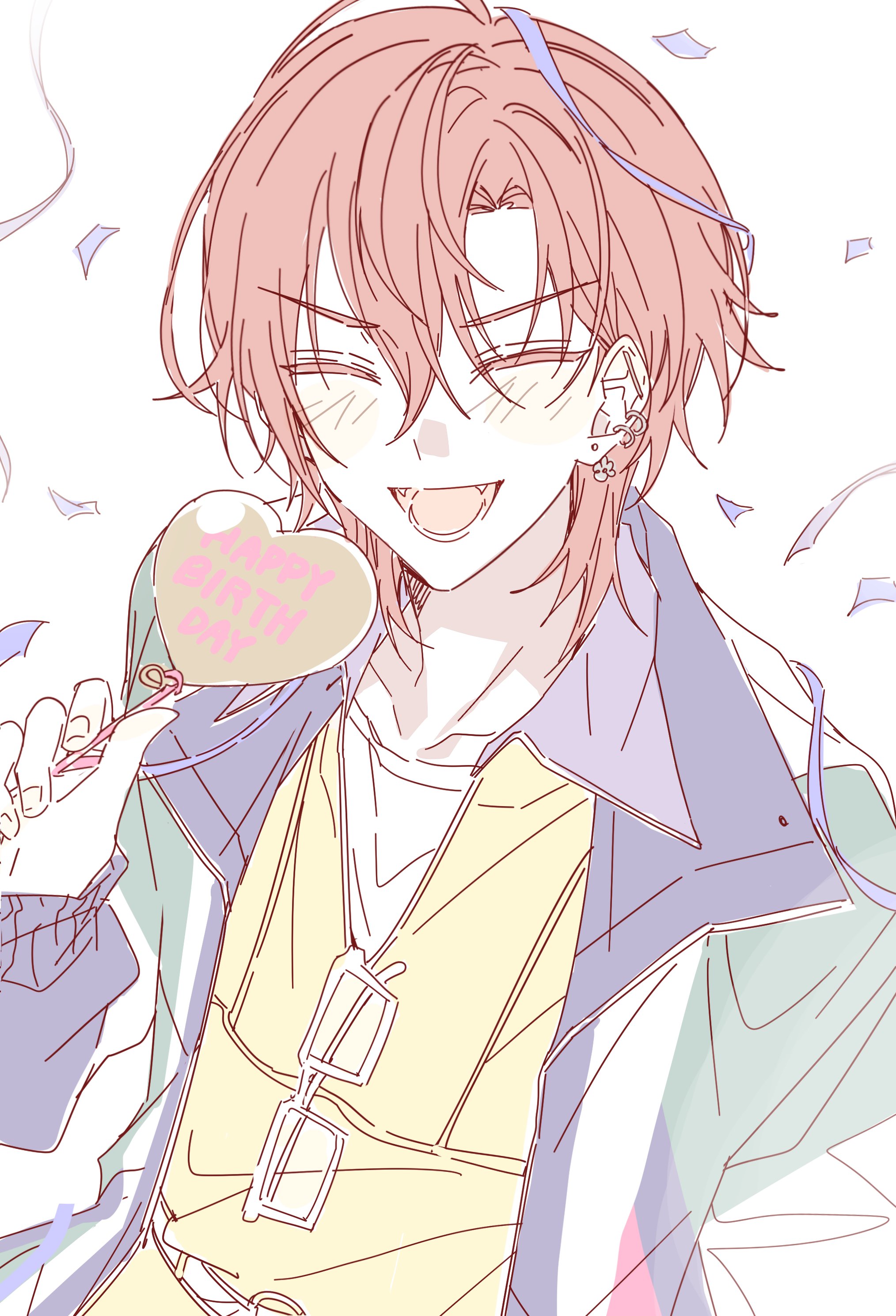 nishizono renga, 18trip, absurdres, highres, 1boy, :d, belt, birthday, blush, closed eyes, confetti, earrings, fangs, hair intakes, hamunicetrip, happy birthday, holding, holding wand, jacket, jewelry, mullet, multicolored jacket, multiple earrings, open clothes, open jacket, open mouth, red hair, ribbed cuffs, shirt, smile, solo, sunglasses, v-neck, v-shaped eyebrows, wand, white background