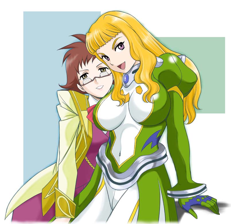 sabachiyo land, haruka armitage, yukino chrysant, my-otome, 00s, 2girls, :d, blonde hair, blunt bangs, blush, bracelet, breasts, covered navel, glasses, jewelry, large breasts, long sleeves, looking at viewer, multiple girls, open mouth, semi-rimless eyewear, skin tight, smile, under-rim eyewear, wavy hair