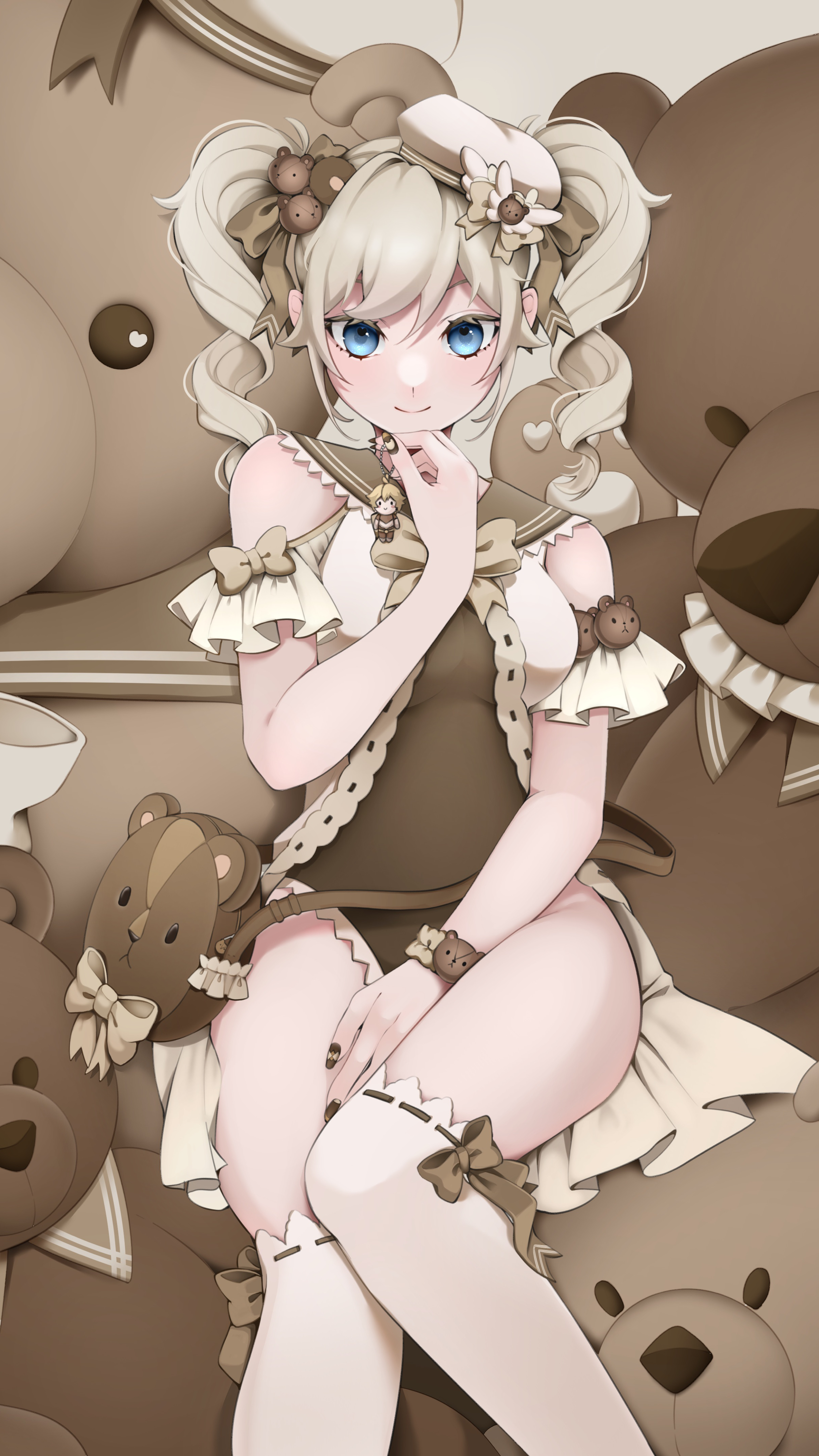 aether (genshin impact), barbara (genshin impact), genshin impact, absurdres, commentary, english commentary, highres, 1girl, animal bag, bare shoulders, bear bag, blonde hair, blue eyes, bow, breasts, brown background, brown bag, brown bow, brown dress, brown nails, brown theme, character charm, charm (object), closed mouth, clothing cutout, cowboy shot, dress, fingernails, hair between eyes, hair ornament, hand up, hat, heart, holding, holding charm, long hair, looking at viewer, medium breasts, nail polish, short dress, shoulder cutout, sitting, smile, solo, straight-on, stuffed animal, stuffed toy, swept bangs, teddy bear, thighhighs, twintails, vyeranika, white hat, white thighhighs