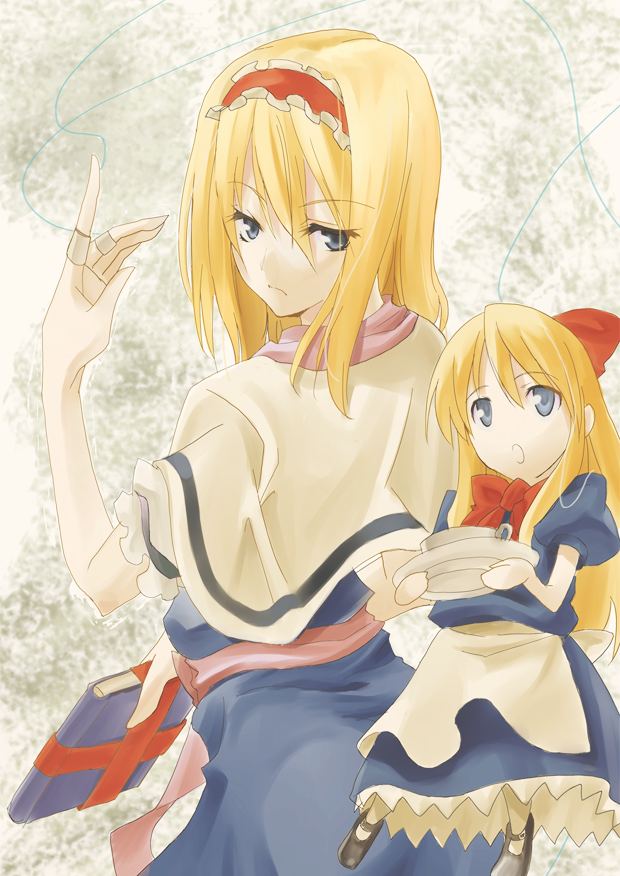 maou, sengoku aky, alice margatroid, shanghai doll, touhou, 1girl, blonde hair, blue eyes, book, bow, bowtie, cup, doll, female focus, hair ribbon, hairband, jewelry, long hair, mary janes, ribbon, ring, shoes, short hair, solo, string