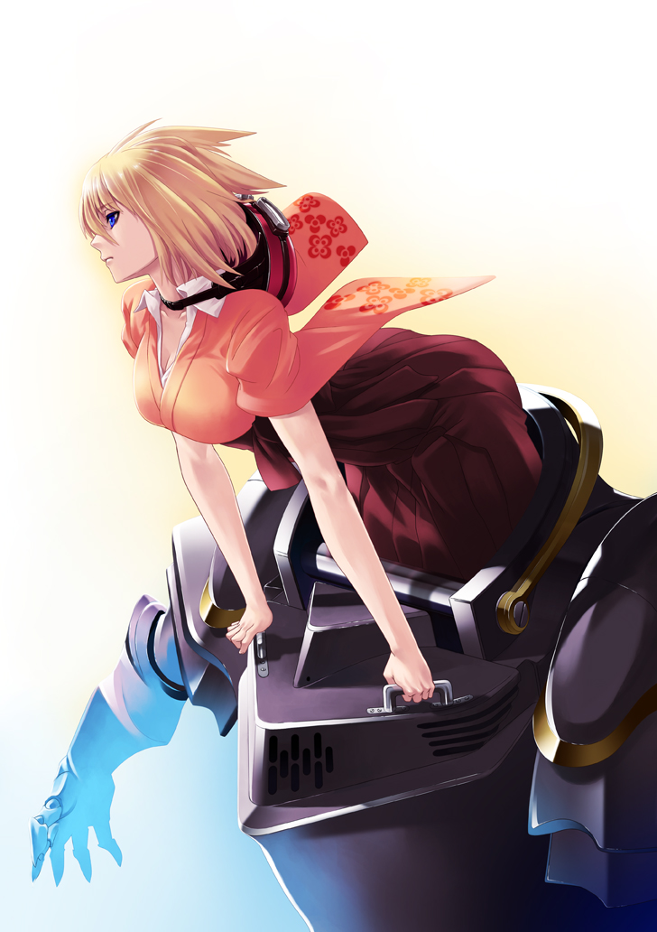 hamada youho, original, blonde hair, blue eyes, goggles, helmet, japanese clothes, mecha, robot, short hair, solo