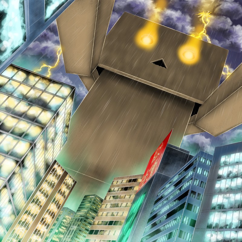 meji (artist), shibi (giinu), danboo, yotsubato!, building, city, glowing, glowing eyes, lightning, rain, skyscraper