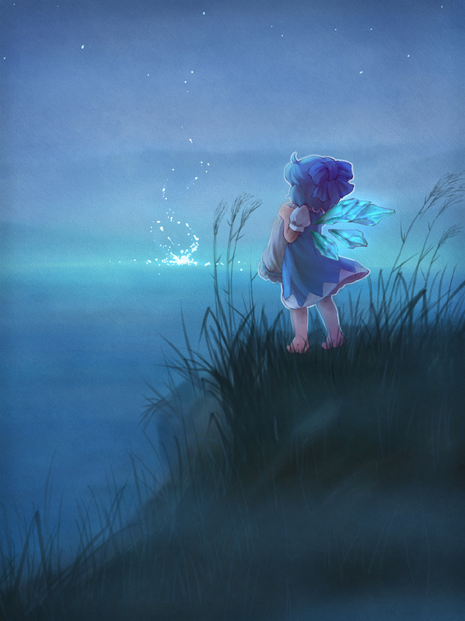 sankuma, cirno, embodiment of scarlet devil, touhou, 1girl, barefoot, bloomers, blue hair, blue theme, bow, child, dress, female focus, full body, glowing, grass, hair ribbon, lake, outdoors, plant, reeds, ribbon, short hair, sky, solo, standing, underwear, water, wings
