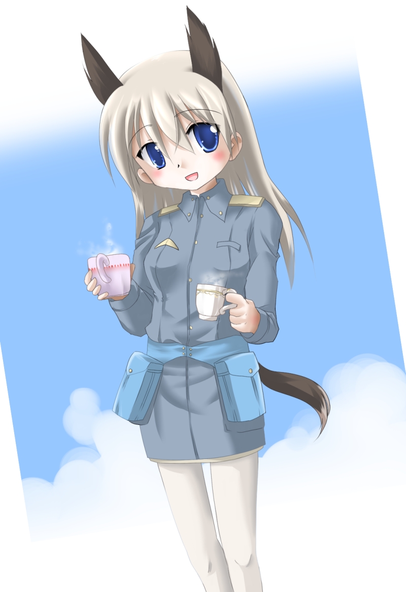 yoshizawa hikoto, eila ilmatar juutilainen, strike witches, world witches series, 00s, 1girl, animal ears, blonde hair, blue eyes, blush, cup, female focus, pantyhose, solo, white pantyhose