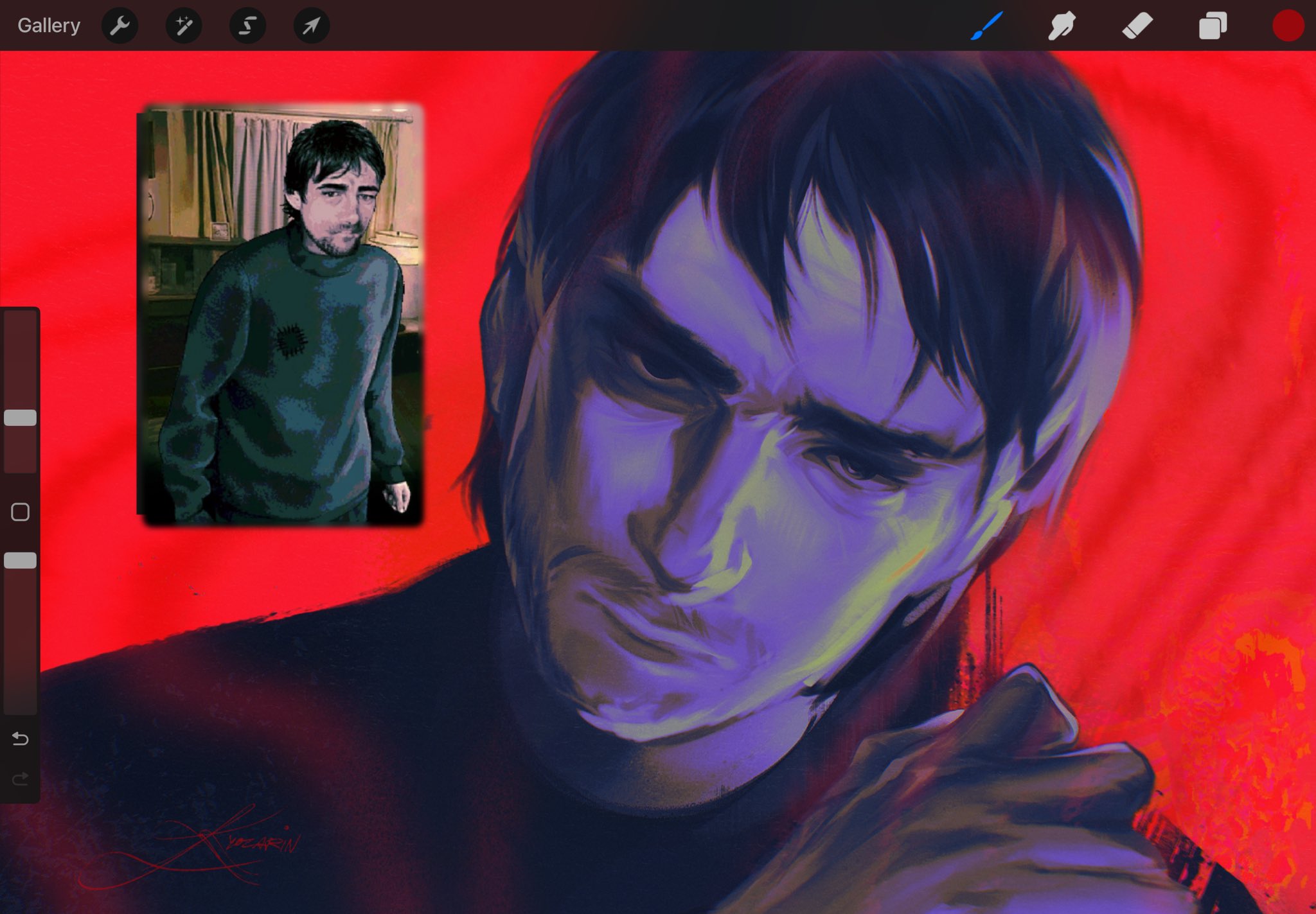 commentary, english commentary, highres, 1boy, art program in frame, black eyes, black hair, black sweater, closed mouth, facial hair, goatee, immortal man (no i'm not a human), kyozarln, looking at viewer, male focus, mustache stubble, no i'm not a human, portrait, red background, reference inset, serious, short hair, stubble, sweater