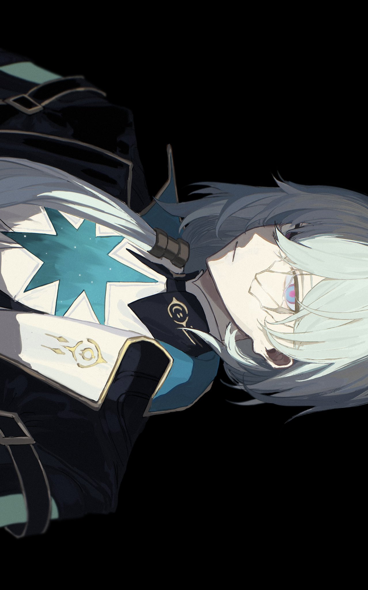 mumu 003, anaxa (honkai: star rail), honkai: star rail, honkai (series), highres, 1boy, aqua hair, black background, black jacket, blue eyes, cracked skin, hair between eyes, hair intakes, jacket, lapels, looking at viewer, male focus, mandarin collar, medium hair, no eyepatch, notched lapels, pink pupils, shirt, side ponytail, simple background, solo, upper body, white shirt