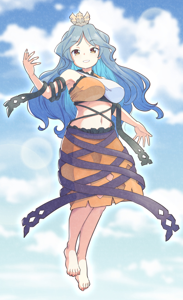 tanasuke, chirizuka ubame, touhou, commentary request, 1girl, bare shoulders, barefoot, blue sky, breasts, cloud, crop top, crown, floating, full body, grey hair, grin, hand up, large breasts, long hair, looking at viewer, navel, orange skirt, skirt, sky, smile, solo, teeth, yellow eyes