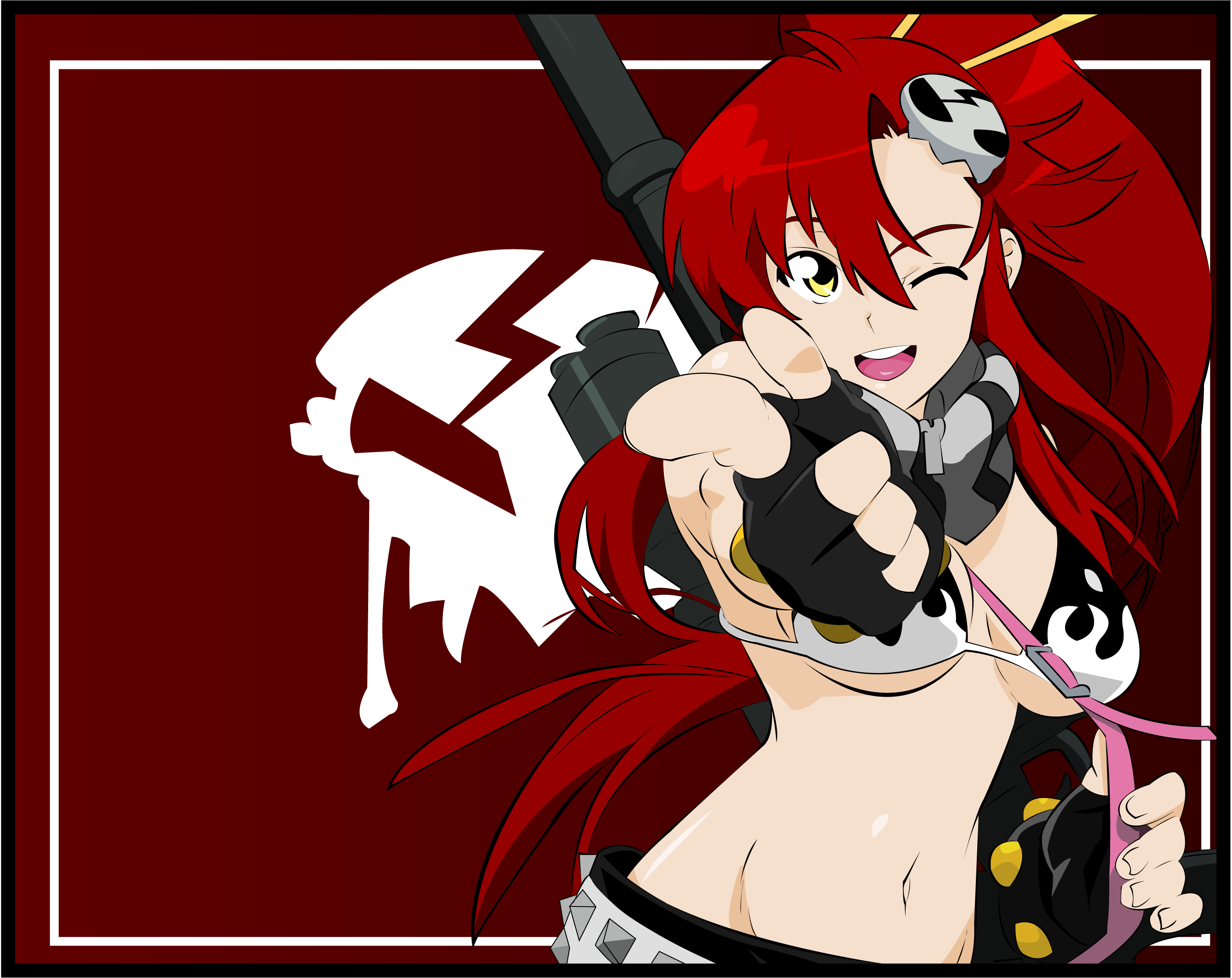 devildice, yoko littner, tengen toppa gurren lagann, derivative work, highres, vector trace, 00s, 1girl, anti-materiel rifle, bikini, bikini top only, breasts, female focus, gloves, gun, medium breasts, one eye closed, ponytail, red hair, rifle, scarf, sniper rifle, solo, swimsuit, weapon, wink, yellow eyes