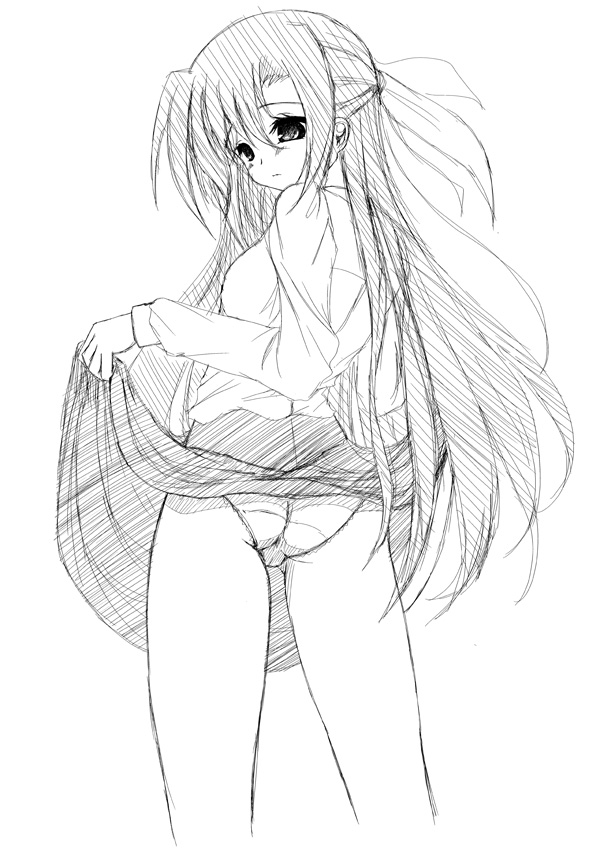 frapowa, ginga nakajima, lyrical nanoha, mahou shoujo lyrical nanoha, mahou shoujo lyrical nanoha strikers, 00s, ass, clothes lift, greyscale, monochrome, panties, sketch, skirt, skirt lift, solo, underwear