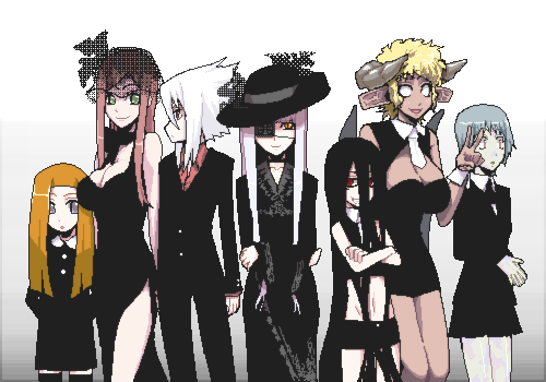 ifuji shinsen, original, lowres, 1boy, 6+girls, blue hair, breasts, brown hair, cleavage, dress, eyepatch, formal clothes, green eyes, grey eyes, hair between eyes, hat, horns, large breasts, long hair, medium breasts, monster girl, multiple girls, oekaki, orange eyes, red eyes, short hair, suit, thighhighs, white hair, zettai ryouiki