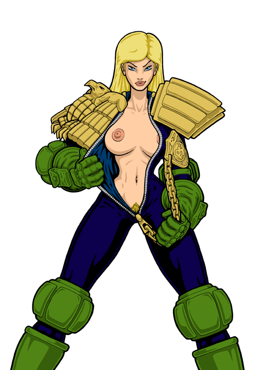 judge anderson, blonde hair, blonde pubic hair, blue eyes, breasts, calibos, cassandra anderson, female focus, judge dredd (franchise), looking at viewer, nipples, pubic hair, white background, zipper pull tab