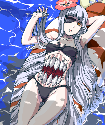 ifuji shinsen, original, silver hair, lowres, md5 mismatch, 1girl, bikini, extra mouth, eyepatch, female focus, flower, hair flower, hair ornament, hibiscus, inflatable raft, long hair, monster girl, oekaki, solo, stomach mouth, swimsuit, teeth, very long hair, water