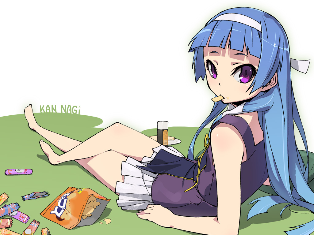 gun zi (i&eyes), nagi, kannagi, 00s, 1girl, arm support, barefoot, blue hair, blunt bangs, candy, chips (food), crossed legs, dress, eating, female focus, food, leaning back, legs, long hair, looking back, lying, mouth hold, on back, pleated skirt, purple eyes, skirt, snack, solo, white skirt