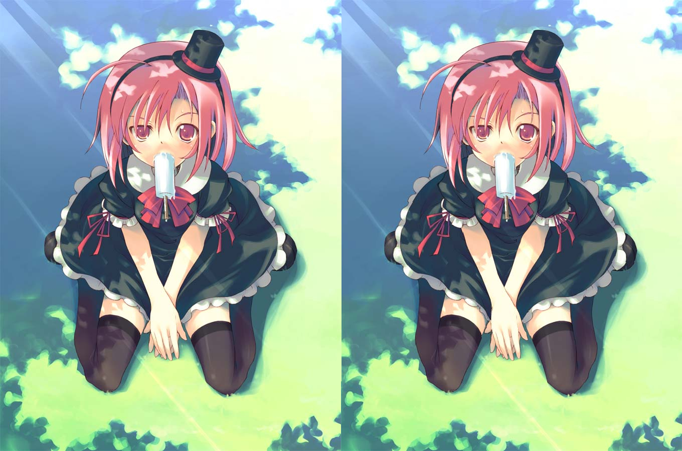 1girl, 3d, female focus, food, full body, hat, kneeling, multiple views, outdoors, pink eyes, pink hair, plant, popsicle, thighhighs, top hat, zettai ryouiki
