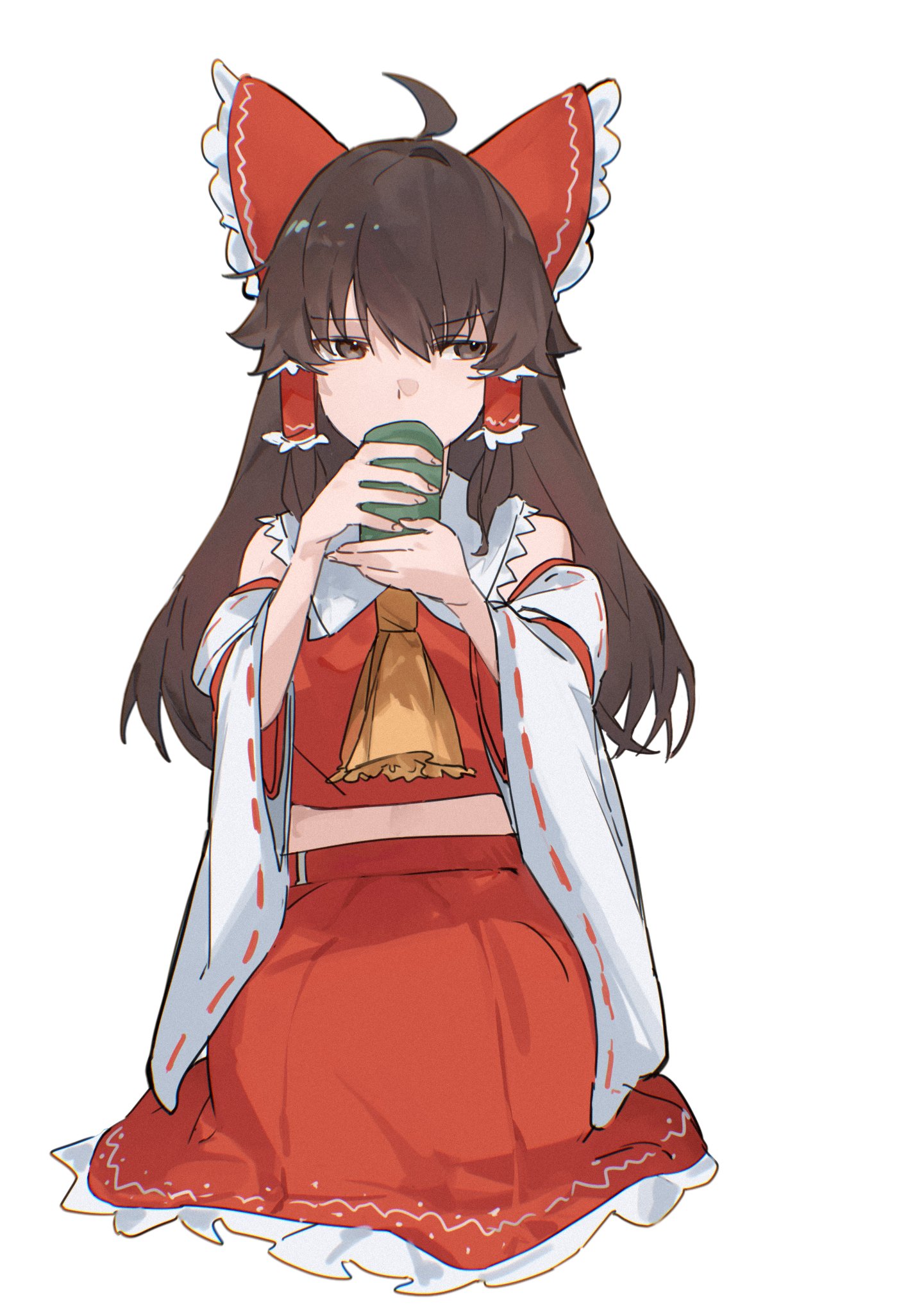 hakurei reimu, touhou, commentary, highres, 1girl, ahoge, ascot, bow, brown eyes, brown hair, cup, detached sleeves, drinking, frilled bow, frilled hair tubes, frilled skirt, frills, hair bow, hair tubes, holding, holding cup, long hair, red bow, red skirt, ribbon-trimmed sleeves, ribbon trim, simple background, sitting, skirt, skirt set, solo, takoyaki5221, white background, yellow ascot, yunomi