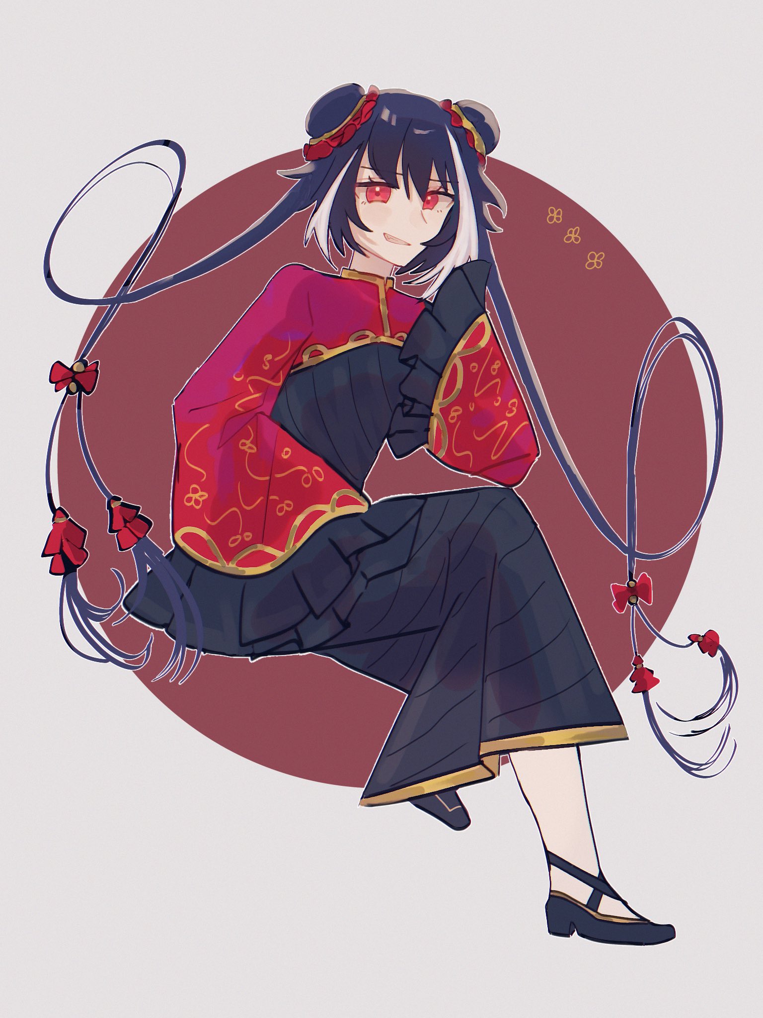 02kf, jia xichun (project moon), limbus company, project moon, highres, 1girl, black dress, black hair, black shoes, chinese clothes, double bun, dress, full body, grin, hair bun, long hair, long sleeves, looking at viewer, multicolored hair, open mouth, red eyes, red shrug, shoes, shrug (clothing), simple background, sitting, smile, solo, streaked hair, twintails, white background, white streaks