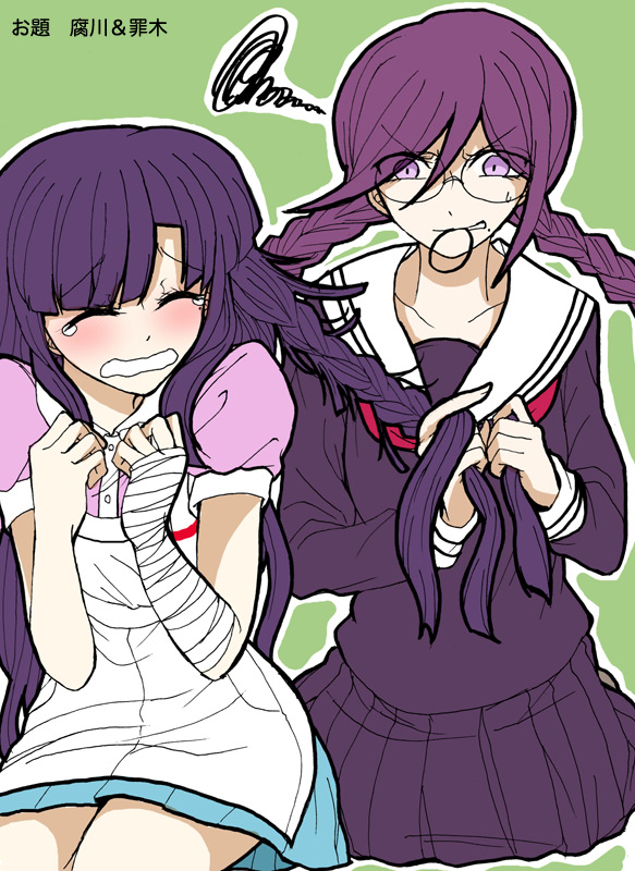 murasaki (deceive138), fukawa toko, tsumiki mikan, danganronpa: trigger happy havoc, danganronpa (series), danganronpa 2: goodbye despair, commentary request, translation request, 2girls, angry, apron, bandaged arm, bandaged hand, bandages, blue skirt, blush, braid, braiding another's hair, closed eyes, collared shirt, eyelashes, glasses, green background, hair tie in mouth, long hair, long sleeves, mole, mole under mouth, mouth hold, multiple girls, neckerchief, outline, pink shirt, purple eyes, purple hair, purple serafuku, purple shirt, purple skirt, red neckerchief, sailor collar, scared, school uniform, serafuku, shirt, short sleeves, simple background, skirt, skirt set, squiggle, sweatdrop, tearing up, twin braids, twintails, v-shaped eyebrows, white apron, white outline, white sailor collar