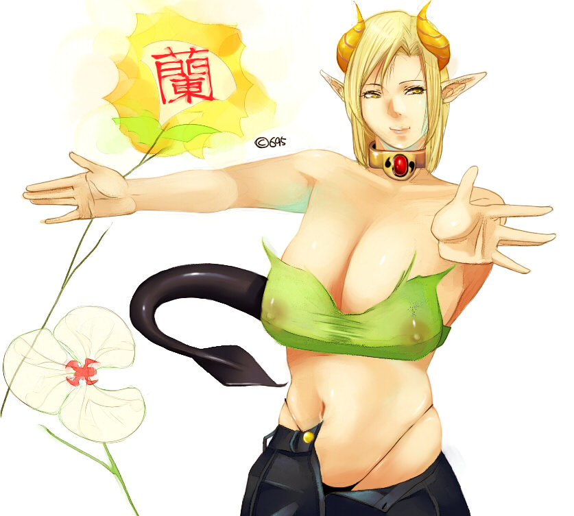 cevoy, breasts, cleavage, horns, large breasts, no bra, see-through clothes, solo