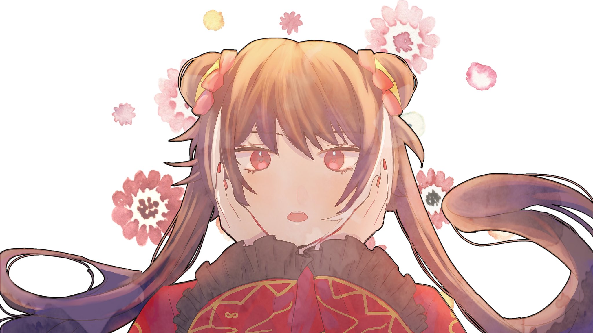 02kf, jia xichun (project moon), limbus company, project moon, highres, 1girl, :o, black hair, chinese clothes, double bun, flower, hair bun, long hair, long sleeves, looking at viewer, multicolored hair, open mouth, pink eyes, pink flower, red shrug, shrug (clothing), simple background, solo, streaked hair, twintails, upper body, white background, white streaks