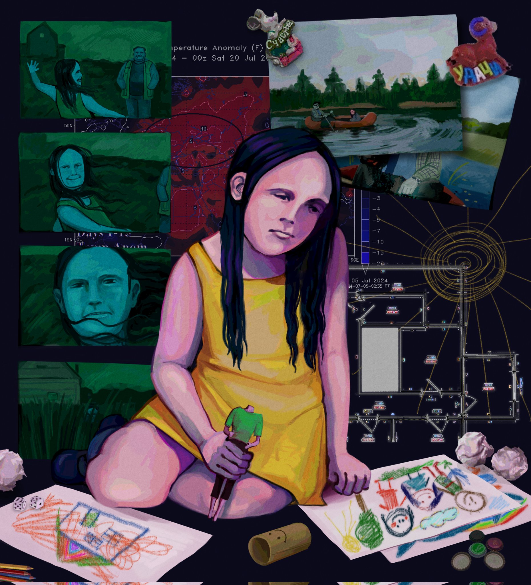 highres, 1girl, black hair, boat, bottle cap, colored pencil, crumpled paper, doll, drawing (object), dress, english text, father and daughter, holding, holding doll, little girl (no i'm not a human), long hair, magnet, map (object), neighbor (no i'm not a human), no i'm not a human, on boat, pencil, photo (object), refrigerator magnet, river, russian text, sad, sharkker-dude, sitting, smile, watercraft, yellow dress