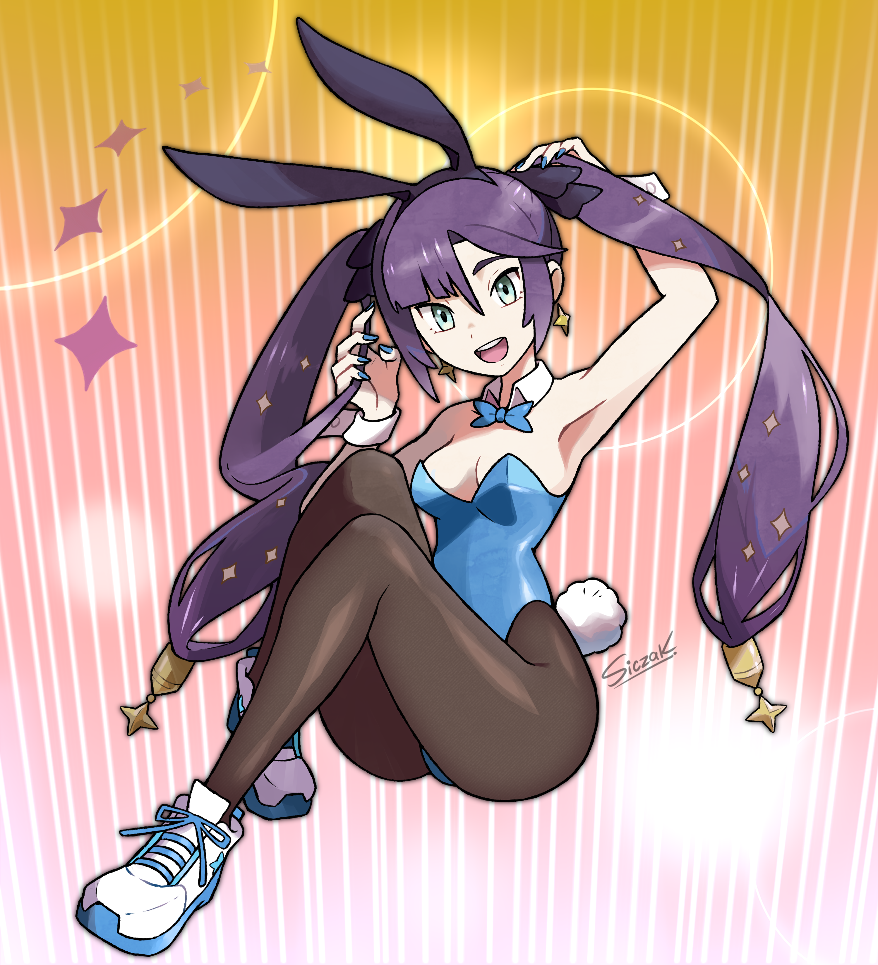 siczak, mona (genshin impact), genshin impact, absurdres, commission, highres, 1girl, :d, alternate costume, animal ear hairband, animal ears, arm up, armpits, artist name, blue bow, blue bowtie, blue leotard, blue nails, bow, bowtie, breasts, brown pantyhose, cleavage, detached collar, earrings, fake animal ears, full body, gradient background, green eyes, hairband, jewelry, leotard, long hair, looking at viewer, medium breasts, open mouth, pantyhose, playboy bunny, purple hair, rabbit ear hairband, rabbit ears, rabbit tail, shoes, sitting, smile, sneakers, solo, star (symbol), star earrings, tail, thighs, twintails, very long hair, white shoes, wrist cuffs