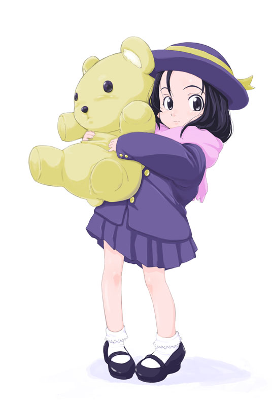 maki daikichi, original, 1girl, bobby socks, child, fedora, female focus, full body, hat, holding, long sleeves, looking at viewer, miniskirt, pleated skirt, purple skirt, shadow, simple background, skirt, socks, solo, standing, stuffed animal, stuffed toy, teddy bear, toddler, white background, white socks