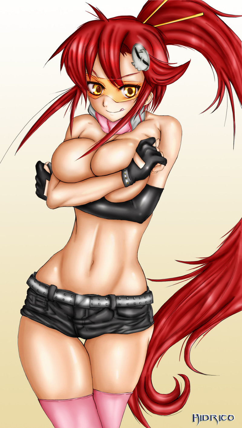 hidrico rubens, yoko littner, tengen toppa gurren lagann, bad deviantart id, bad id, highres, 00s, 1girl, breasts, breasts squeezed together, female focus, glasses, gloves, large breasts, long hair, ponytail, red hair, scarf, shorts, solo, thighhighs, yellow eyes
