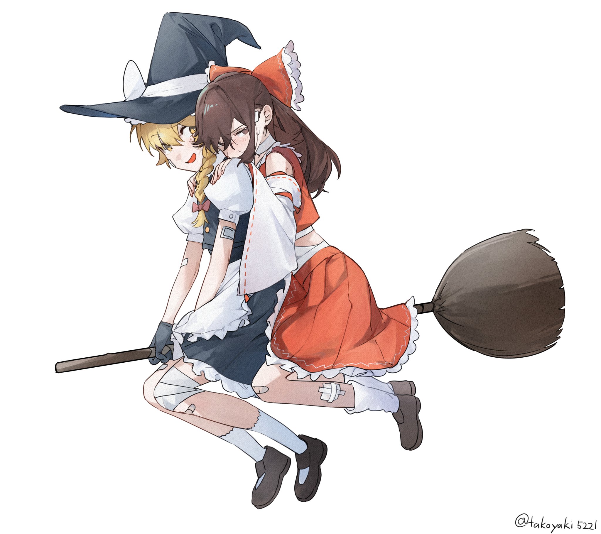 hakurei reimu, kirisame marisa, touhou, commentary request, highres, 2girls, apron, bandaged leg, bandages, bandaid, bandaid on arm, bandaid on leg, black gloves, blonde hair, blush, bow, braid, broom, broom riding, brown eyes, brown hair, brown shoes, detached sleeves, frilled bow, frilled hair tubes, frilled skirt, frills, gloves, hair bow, hair tubes, hands on another's shoulders, hat, hat bow, long hair, multiple girls, multiple riders, open mouth, pink bow, puffy short sleeves, puffy sleeves, red bow, red skirt, ribbon-trimmed sleeves, ribbon trim, shoes, short sleeves, side braid, simple background, single braid, skirt, skirt set, smile, socks, takoyaki5221, twitter username, waist apron, white background, white bow, white socks, witch hat, yellow eyes