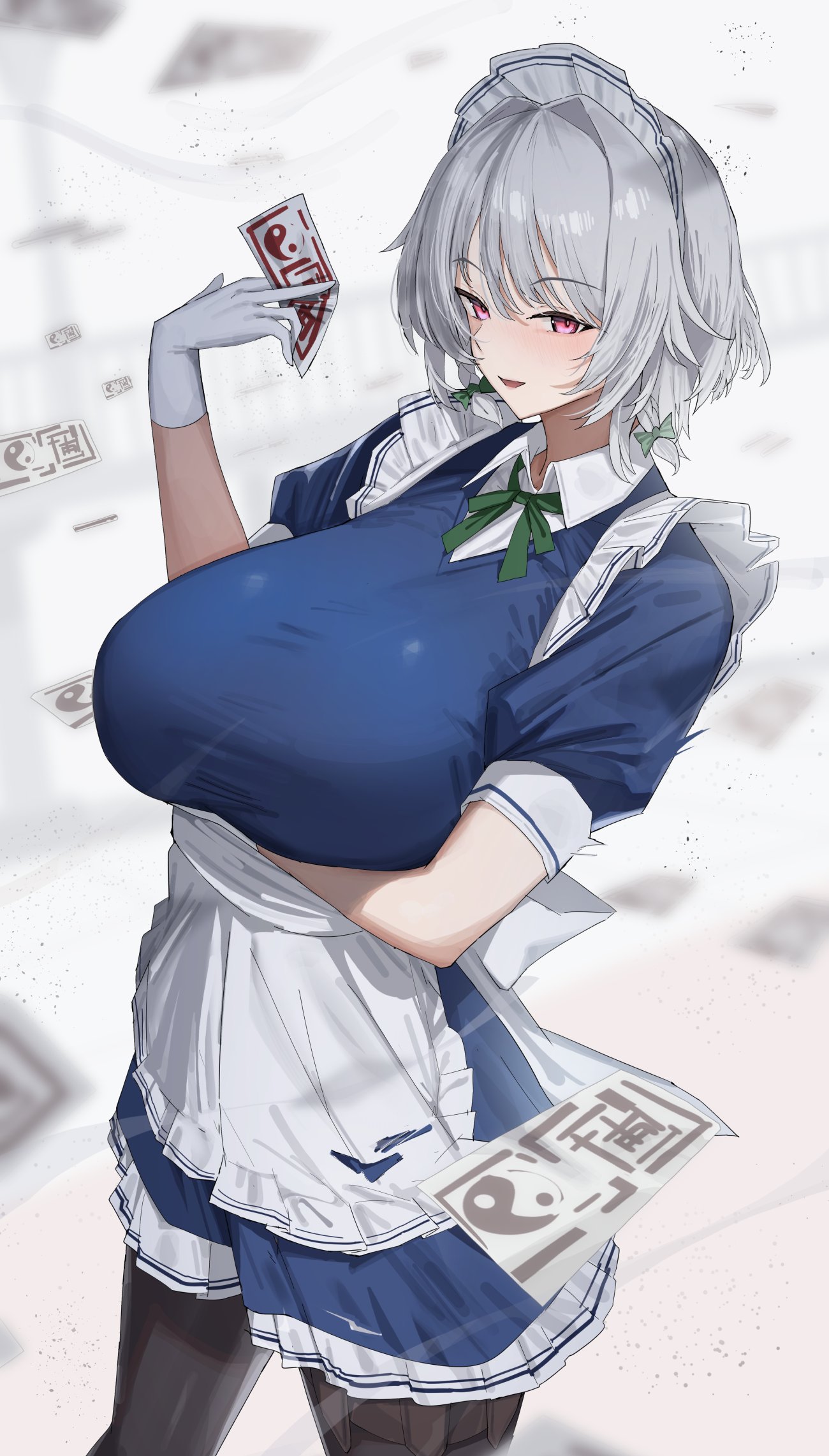 258n, izayoi sakuya, touhou, highres, 1girl, apron, arm under breasts, blue dress, blush, braid, breasts, collared shirt, dress, gloves, grey hair, hair ribbon, holding, holding ofuda, large breasts, looking at viewer, maid, maid apron, maid headdress, medium hair, ofuda, pantyhose, parted lips, pink eyes, ribbon, shirt, short sleeves, smile, solo, thigh strap, twin braids, white gloves, white shirt