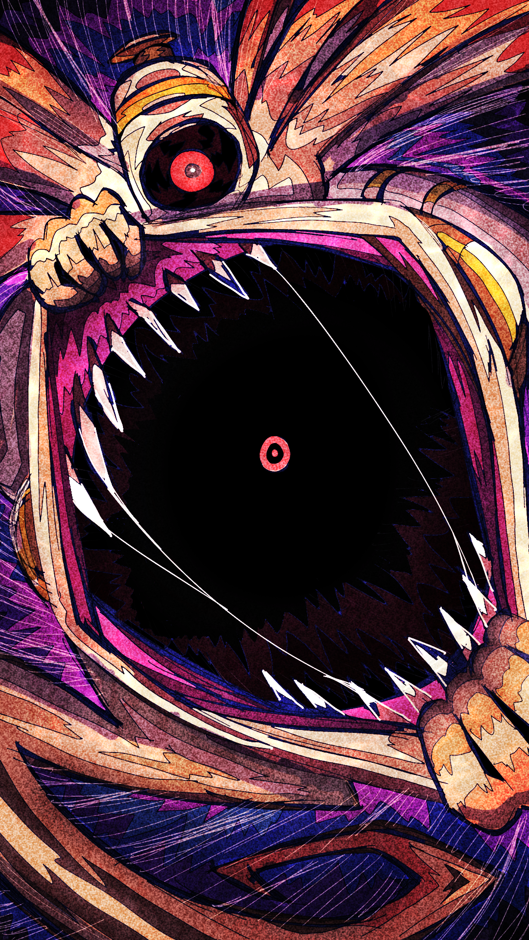 miyagawa (maxggguys), dusknoir, nintendo, pokemon, commentary request, highres, black sclera, colored sclera, gen 4 pokemon, ghost tail, horror (theme), no humans, one-eyed, open mouth, pokemon (creature), pokemon focus, red eyes, sharp teeth, solo, stomach mouth, teeth