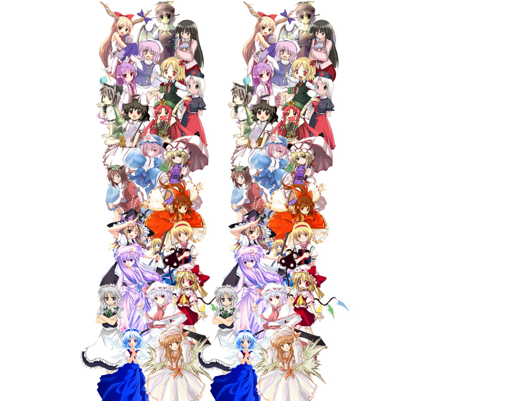 alice margatroid, chen, cirno, flandre scarlet, fujiwara no mokou, hakurei reimu, hong meiling, houraisan kaguya, ibuki suika, inaba tewi, izayoi sakuya, kirisame marisa, konpaku youmu, letty whiterock, lily white, mystia lorelei, patchouli knowledge, reisen udongein inaba, remilia scarlet, rumia, saigyouji yuyuko, shanghai, yagokoro eirin, yakumo yukari, touhou, collaboration, double, animal ears, bow, braid, cat ears, hair bow, hat, nurse cap, parasol, rabbit ears, stereogram, twin braids, umbrella, wings, witch hat