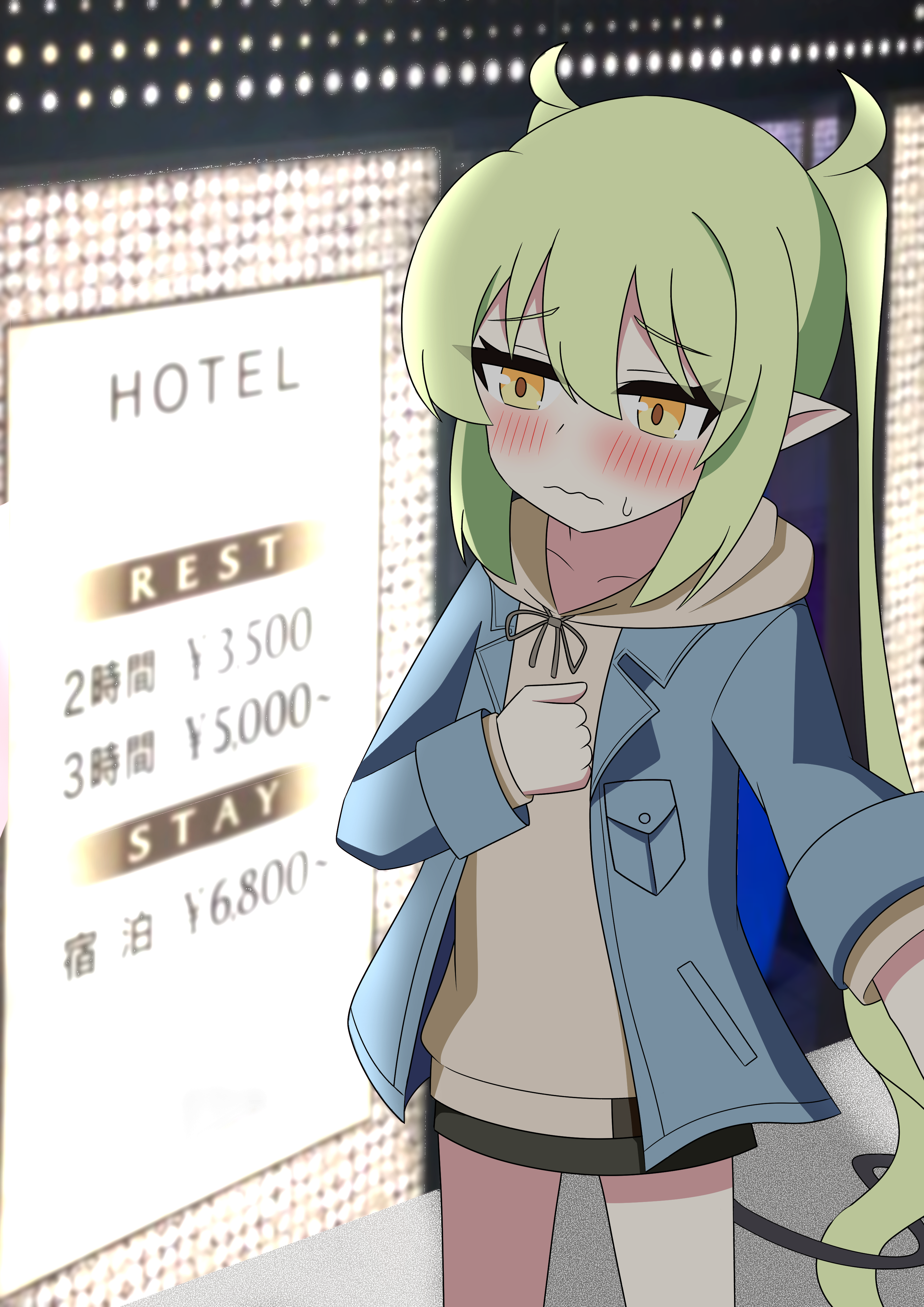 nozomi (blue archive), blue archive, absurdres, highres, 1girl, ahoge, blush, building, city, closed mouth, coat, english text, fake screenshot, green hair, hood, hood down, jacket, manaita (sekinettilove), pointy ears, ponytail, shirt, sign, skirt, skyscraper, solo, sweatdrop, yellow eyes