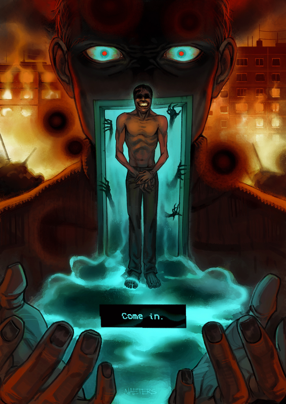 mlarty art, highres, 2boys, barefoot, black hair, building, crazy eyes, disembodied hand, door, english text, fire, fog, full body, grin, horror (theme), intruder (no i'm not a human), looking at viewer, male focus, multiple boys, no i'm not a human, protagonist (no i'm not a human), red eyes, short hair, smile, standing, sweater, symbolism, topless male