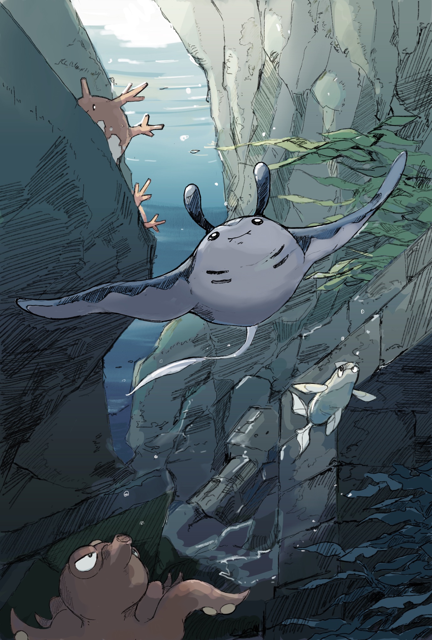 momota pix, corsola, mantine, octillery, remoraid, nintendo, pokemon, commentary request, highres, air bubble, animal focus, bubble, closed mouth, coral, gen 2 pokemon, no humans, pokemon (creature), pokemon focus, seaweed, smile, underwater