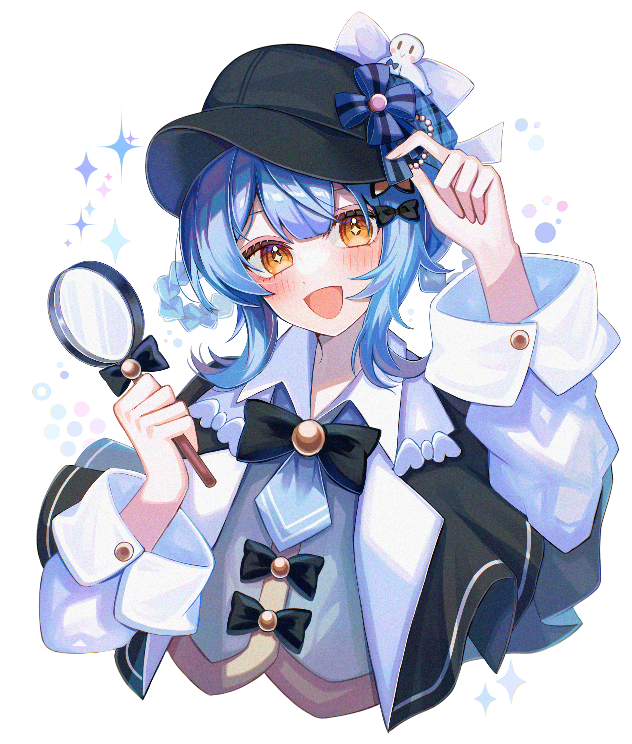 satoimo chika, tachibana sherry, mahou shoujo no majo saiban, absurdres, commentary request, highres, + +, 1girl, :d, arm up, black bow, black capelet, black hat, blue hair, blush, bow, brown eyes, capelet, collared shirt, cropped torso, hair between eyes, hair bow, hat, holding, holding magnifying glass, long sleeves, looking at viewer, magnifying glass, multicolored hair, newsboy cap, open mouth, puffy long sleeves, puffy sleeves, shirt, simple background, smile, solo, sparkle, streaked hair, upper body, white background, white shirt, wide sleeves