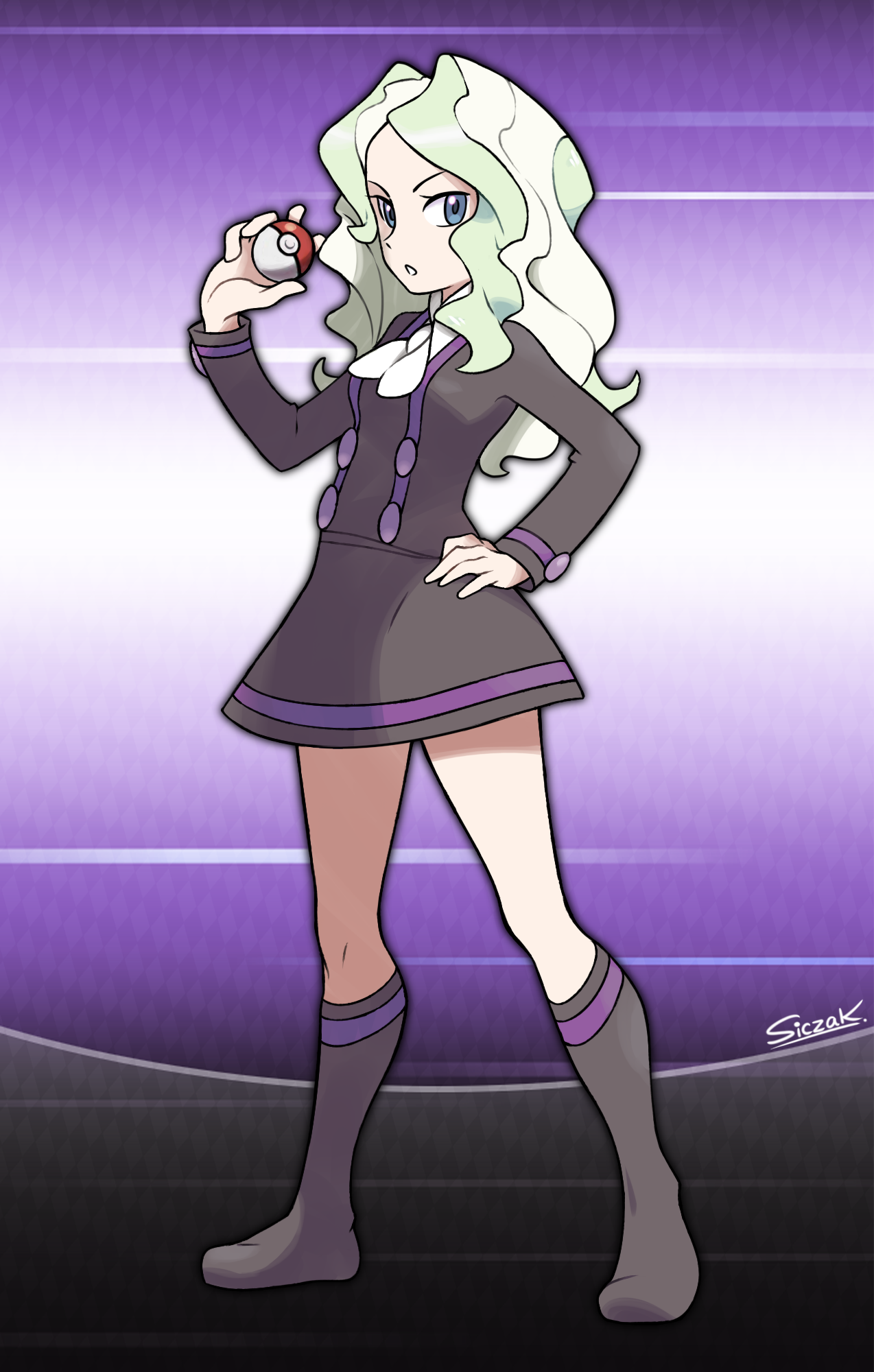 siczak, ace trainer (pokemon), diana cavendish, little witch academia, highres, 1girl, ascot, black dress, black socks, blonde hair, blue eyes, breasts, dress, full body, gradient background, hand on own hip, holding, holding poke ball, long hair, looking at viewer, parted lips, poke ball, poke ball (basic), purple background, short dress, socks, solo, standing, thighs, wavy hair, white ascot