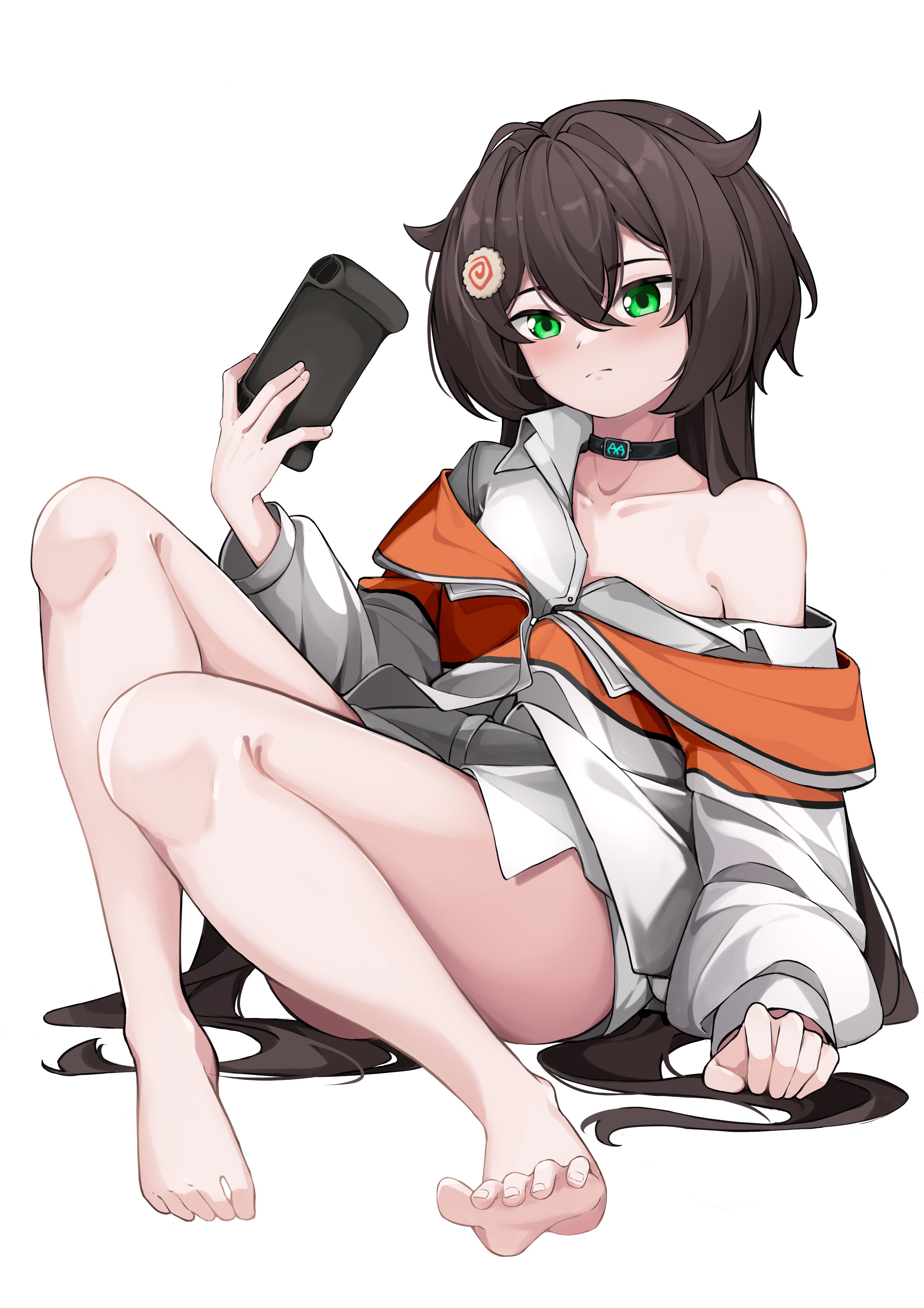 thian, trony (nikke), goddess of victory: nikke, absurdres, commission, copyright request, highres, vgen commission, barefoot, blush, brown hair, choker, green eyes, hair horns, handheld game console, long hair, looking at viewer
