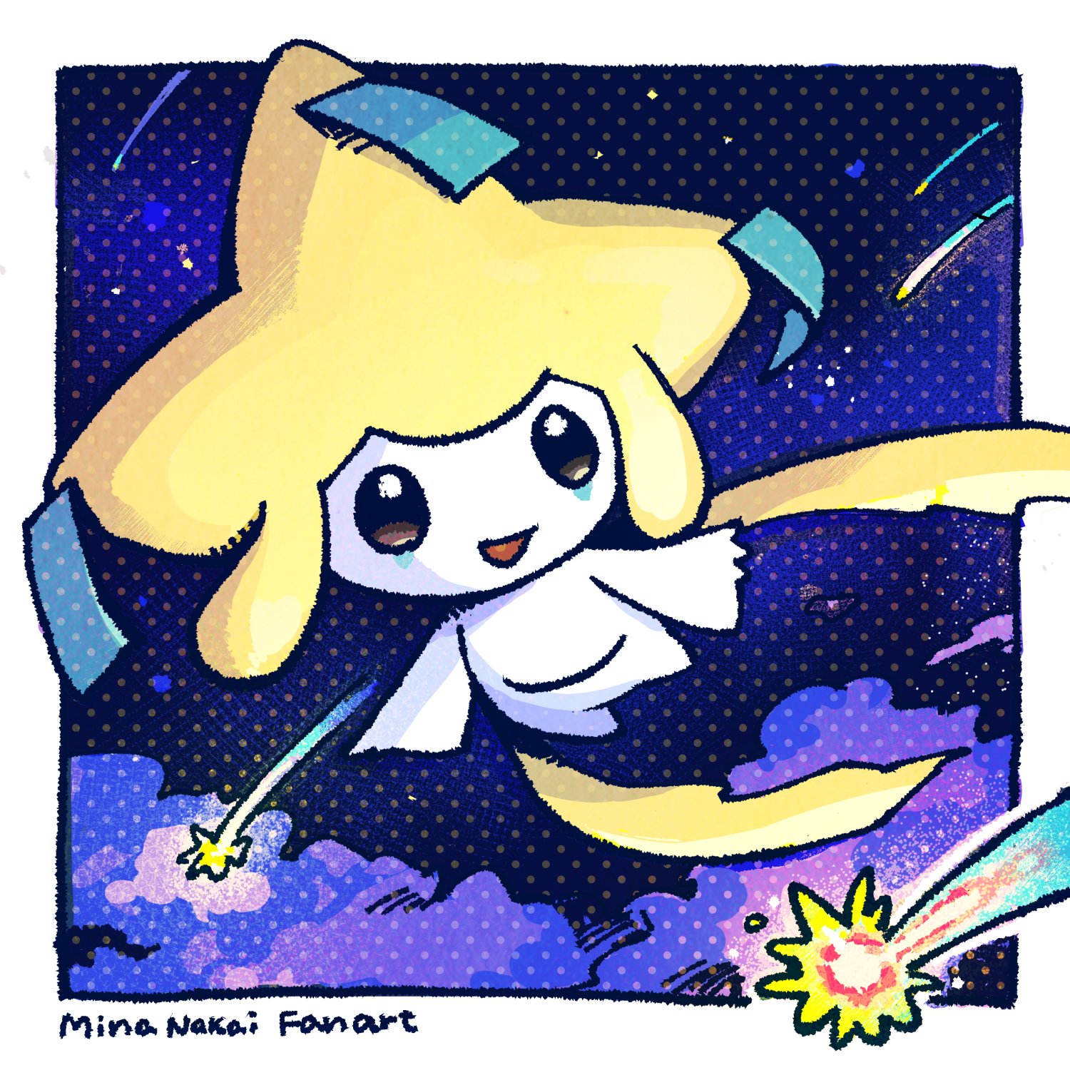 nakai mina, jirachi, nintendo, pokemon, commentary request, highres, artist name, border, cloud, english text, floating, full body, gen 3 pokemon, legendary pokemon, mythical pokemon, open mouth, pokemon (creature), pokemon focus, shooting star, smile, solo, white border