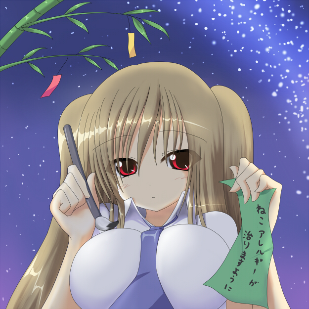 shuz (dodidu), translation request, 1girl, breasts, brown hair, female focus, large breasts, necktie, red eyes, solo, star (symbol)