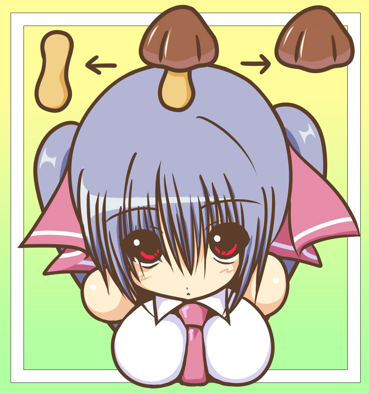 shuz (dodidu), riko (shuz), original, 1girl, bare shoulders, breasts, female focus, food, from above, kinoko no yama, looking up, mushroom, necktie, purple hair, red eyes, ribbon, science, sexually suggestive, solo, twintails