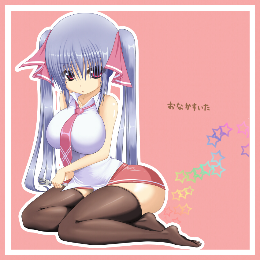 shuz (dodidu), riko (shuz), original, 1girl, ass, bare shoulders, breasts, collarbone, female focus, fork, grey hair, hair ornament, hair ribbon, huge breasts, impossible clothes, impossible shirt, long hair, necktie, red eyes, ribbon, shirt, shortstack, sitting, skirt, solo, star (symbol), thighhighs, twintails, very long hair