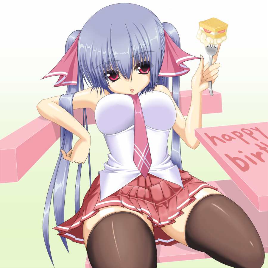 shuz (dodidu), riko (shuz), original, 1girl, blue hair, breasts, cake, female focus, food, fork, large breasts, miniskirt, necktie, pastry, red eyes, skirt, solo, thighhighs