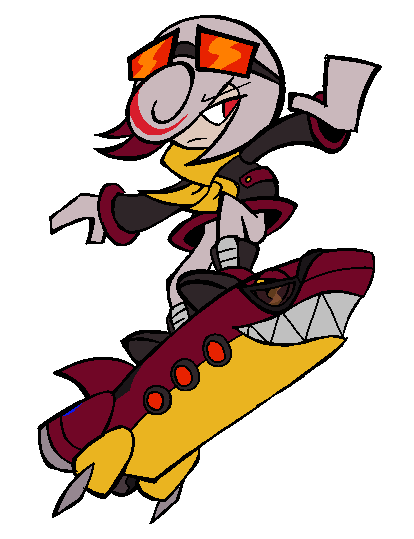 drawfag, sage (sonic), sega, sonic (series), sonic racing: crossworlds, commentary, english commentary, lowres, 1girl, 2025, alternate costume, ascot, balancing, black boots, black jacket, bodysuit, boots, colored inner hair, down jacket, expressionless, female focus, floating, full body, hair over one eye, hoverboard, jacket, leaning, long hair, long sleeves, looking ahead, multicolored hair, official alternate color, orange-tinted eyewear, outstretched arms, pants, ponytail, red eyes, red hair, robot, sharp teeth, short hair, simple background, sleeves past wrists, solo, streaked hair, teeth, thigh boots, tinted eyewear, transparent background, white background, white bodysuit, white hair, white jacket, yellow ascot