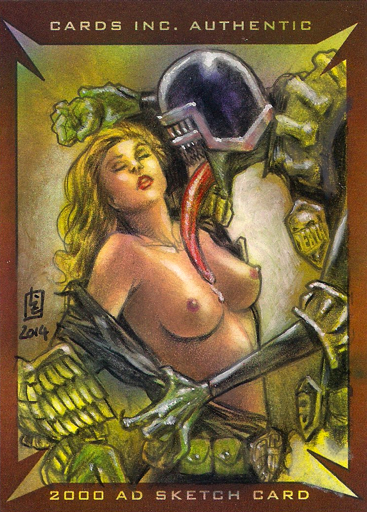 judge anderson, blonde hair, breasts, cassandra anderson, closed eyes, huy truong, judge death, judge dredd (franchise), long tongue, nipples, tongue, tongue out
