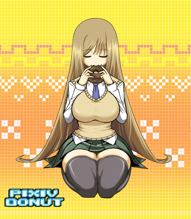 shuz (dodidu), 1girl, breasts, brown hair, closed eyes, donut, eating, female focus, food, hip focus, impossible clothes, impossible shirt, large breasts, long hair, necktie, school uniform, serafuku, shirt, sitting, skirt, solo, thighhighs, very long hair, wide hips