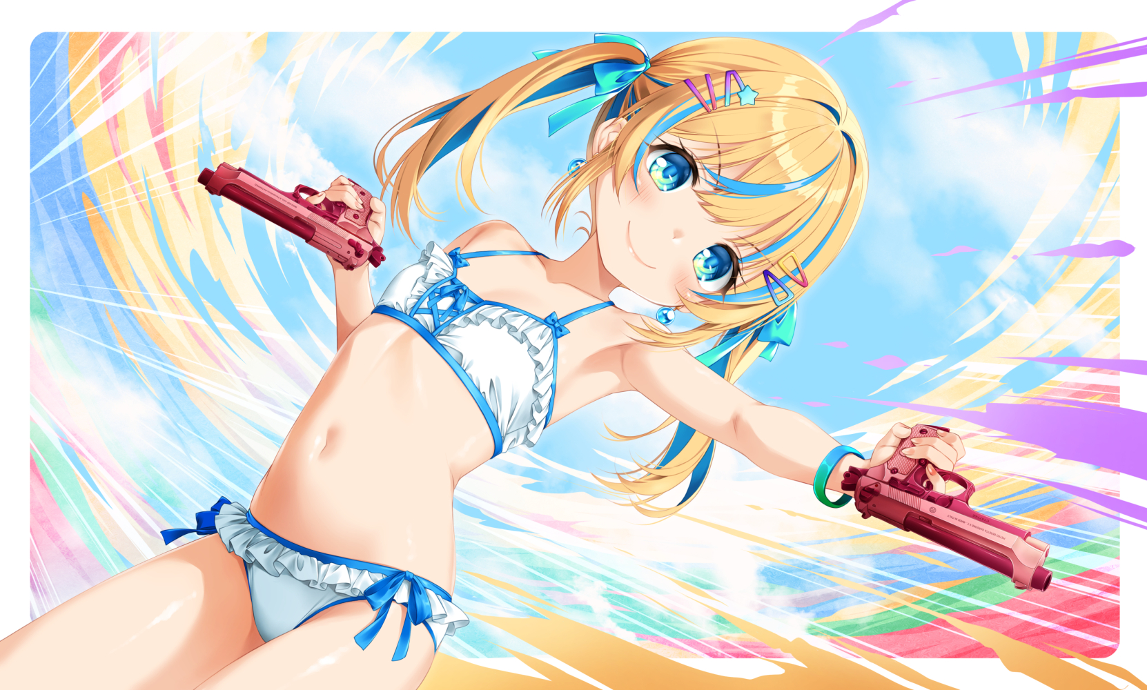 kamiya tomoe, original, commentary request, highres, 1girl, armpits, bare shoulders, beretta 92, bikini, blonde hair, blue bow, blue eyes, blue hair, blue sky, bow, breasts, closed mouth, cloud, collarbone, day, dual wielding, dutch angle, frilled bikini, frills, gun, hair bow, hair ornament, hairclip, handgun, holding, holding gun, holding weapon, multicolored hair, outdoors, sky, small breasts, smile, solo, standing, star (symbol), star hair ornament, swimsuit, two-tone hair, weapon, white bikini