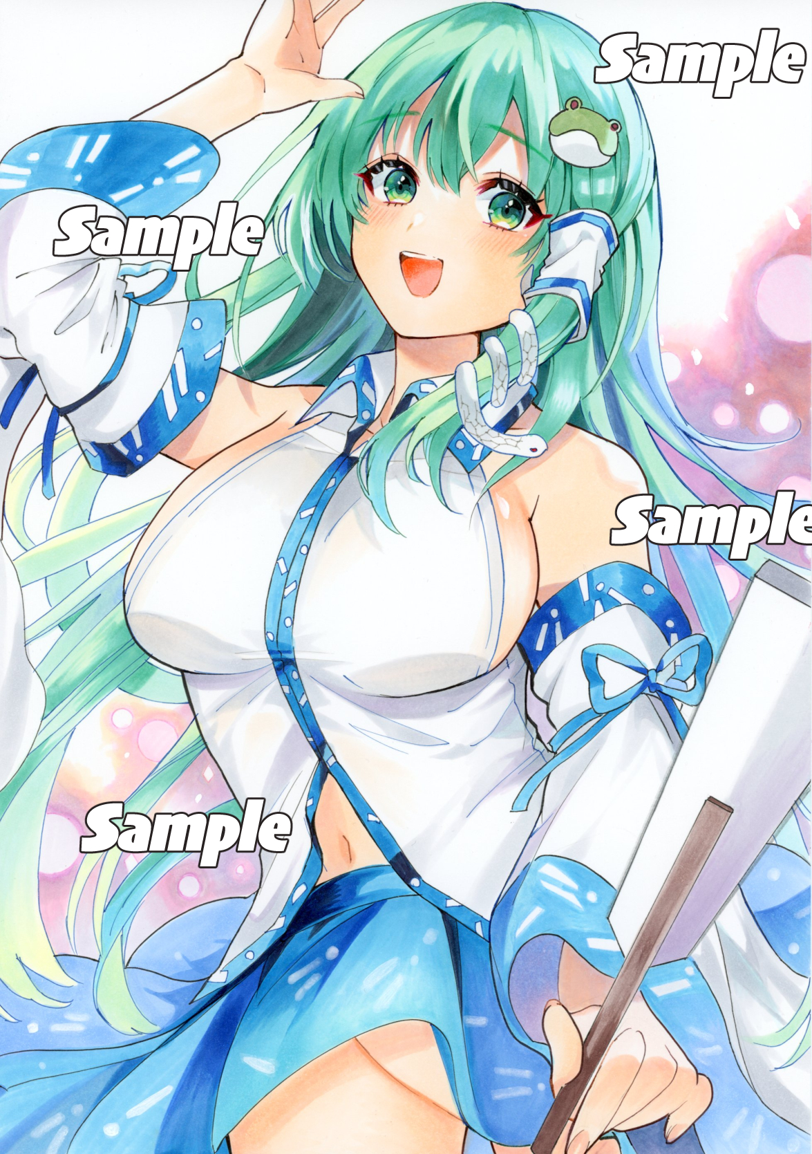 amore seven, kochiya sanae, touhou, commentary request, highres, traditional media, bare shoulders, blue skirt, blush, breasts, detached sleeves, frog hair ornament, gohei, green eyes, green hair, hair between eyes, hair ornament, hair tubes, hand up, holding, holding gohei, large breasts, long hair, navel, no bra, no panties, nontraditional miko, open mouth, sample watermark, shirt, sideboob, single hair tube, skirt, sleeveless, sleeveless shirt, smile, snake hair ornament, teeth, upper teeth only, watermark, white shirt